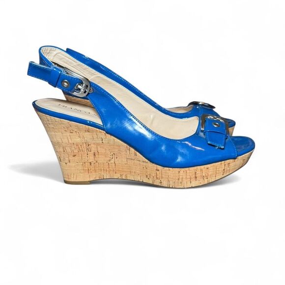 Franco Sarto Blue Buckle Peep Toe Sling-back Wedges Size 10 - Picture 2 of 7